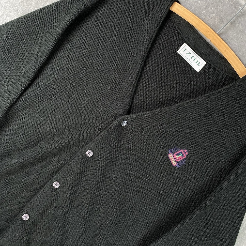 Vintage IZOD Cardigan Mens Size L Black Sweater Grandpa Made in USA Grunge 90s
